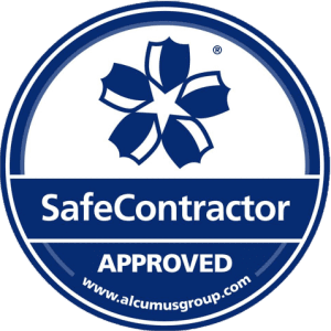 Blue circular logo with a stylized flower design at the top. Below, it reads "SafeContractor APPROVED" in white text on a blue background. The website "www.alcumusgroup.com" is listed at the bottom.